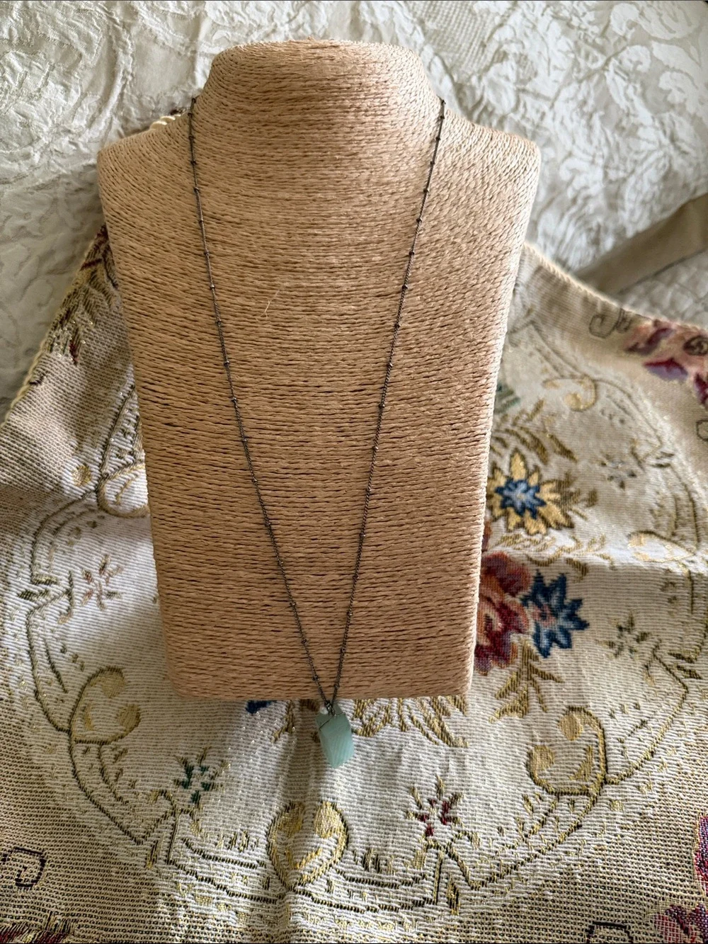 Long sterling silver darkened chain with tiny silver balls green semi precious
